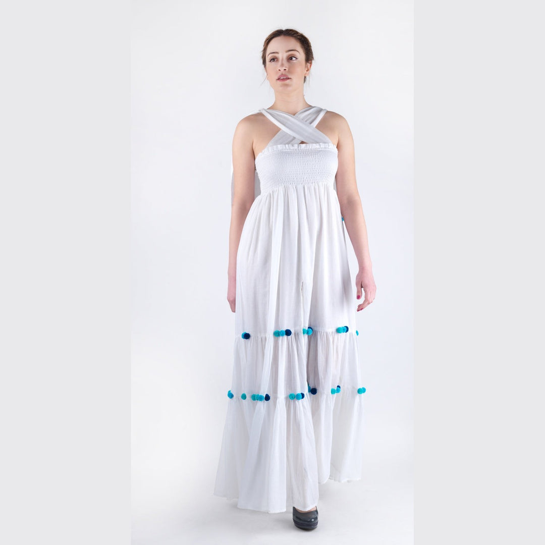 White Shirred Bodice Maxi Dress koresjewelry