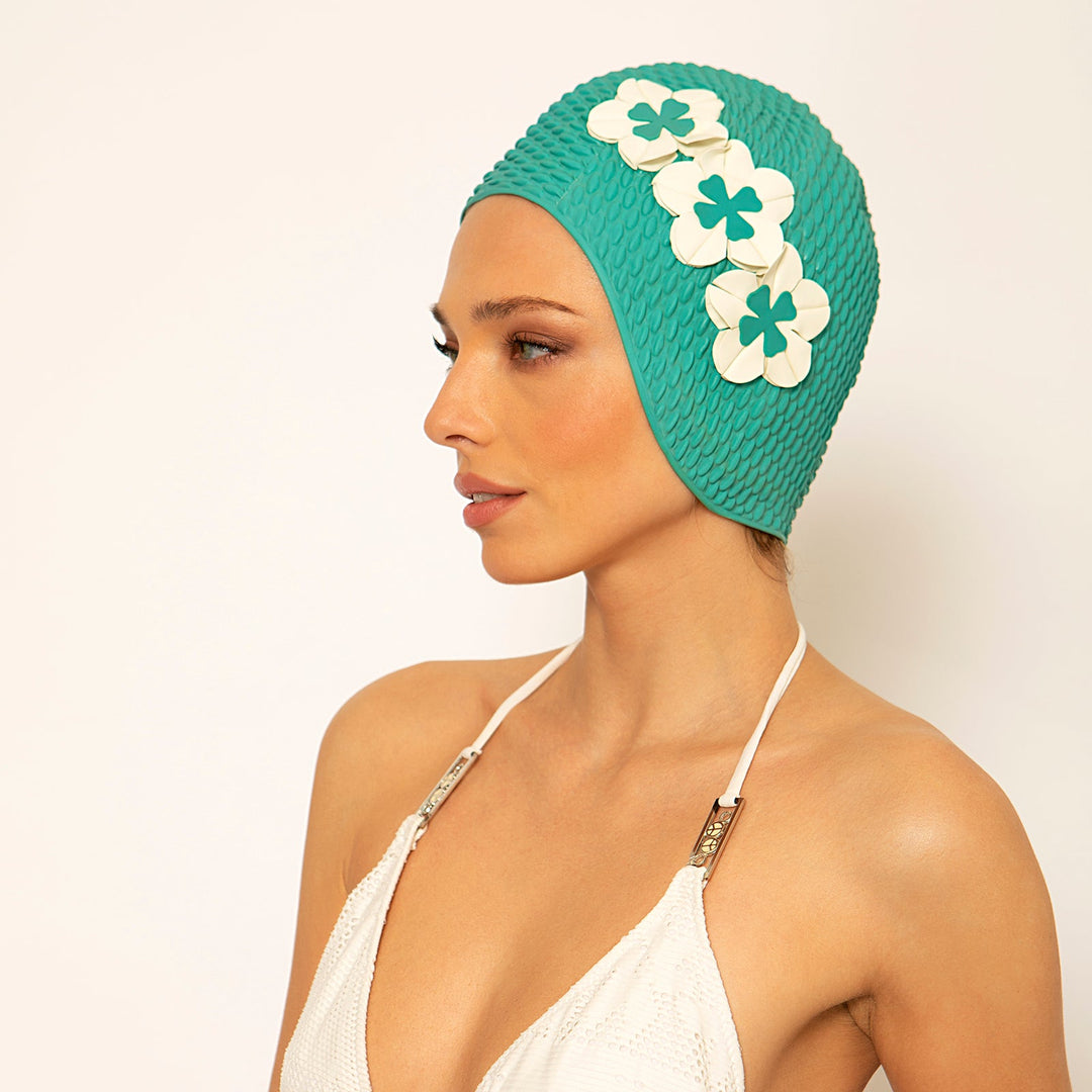 Swim Cap 3 Flowers - Turquoise 511 koresjewelry