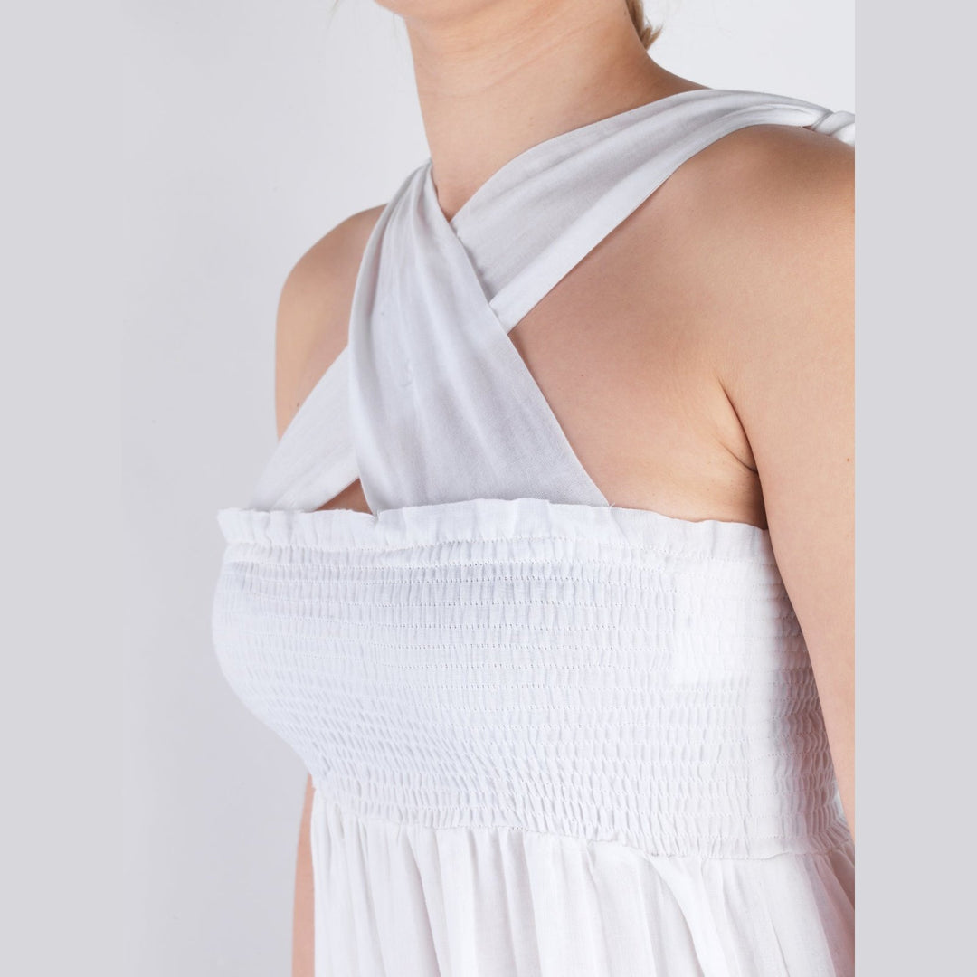 White Shirred Bodice Maxi Dress koresjewelry